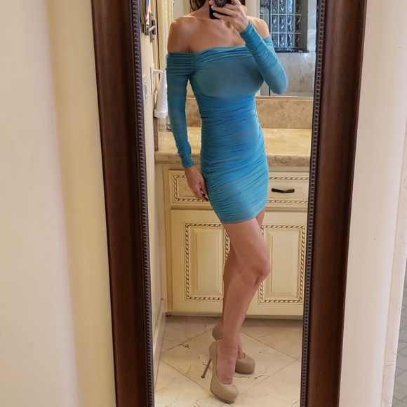 BEBE turquoise ruched off-shoulder dress, XS - Picture 9 of 16